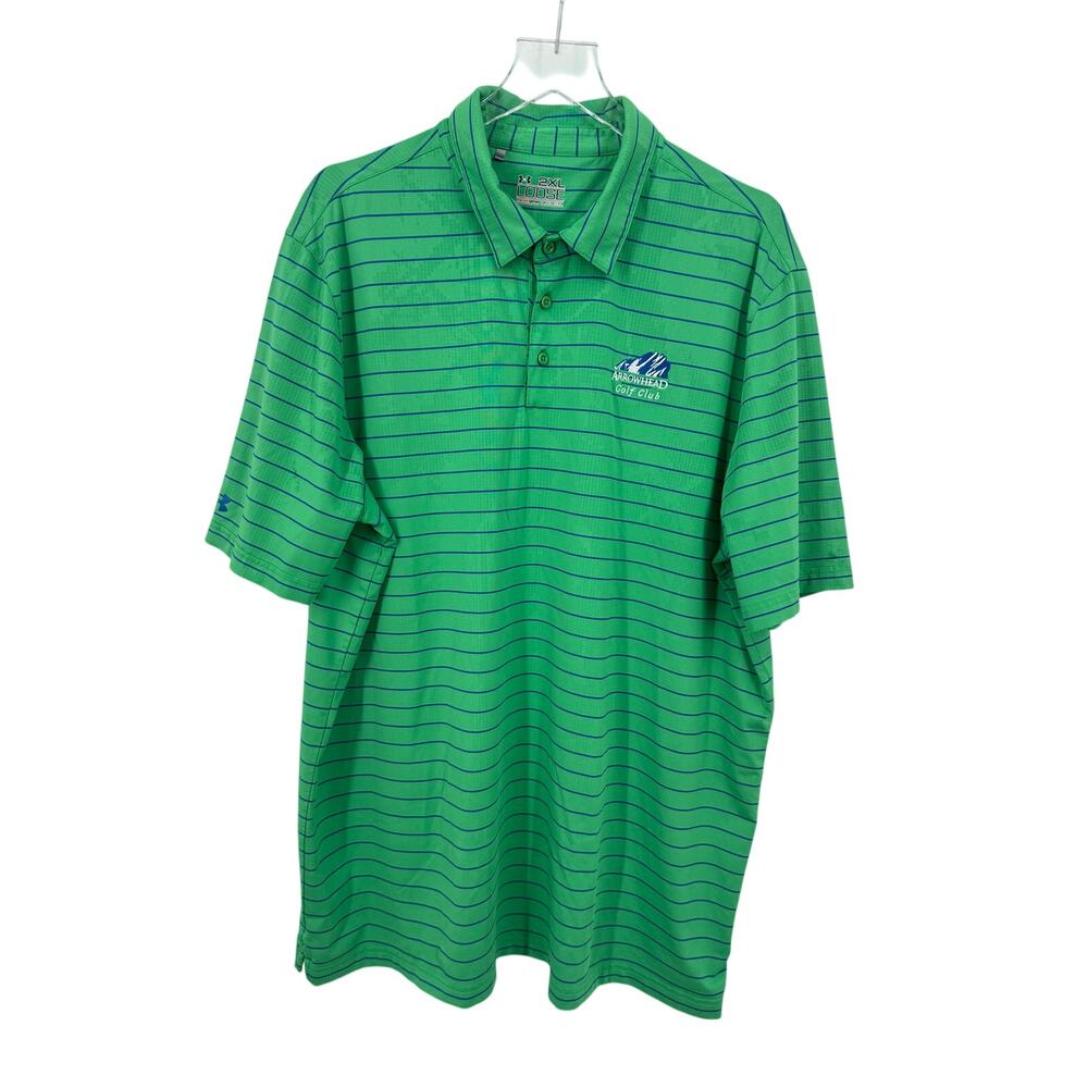 Under Armour Arrowhead Golf Club polo shirt 2XL loose Heatgear green blue stripe